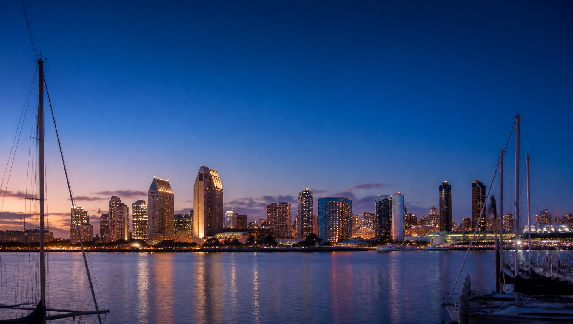 Downtown San Diego skyline at twilight across the bay